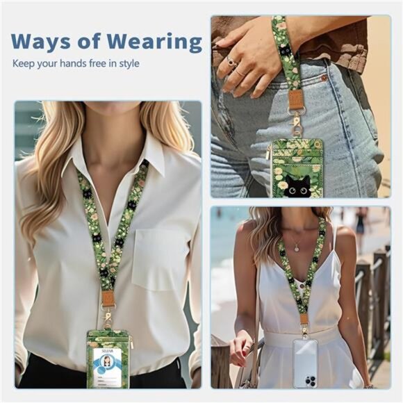 Floral Cat Lanyard Wallet ID Badge Holder RFID Keychain Wristlet Card Holder - Picture 3 of 7